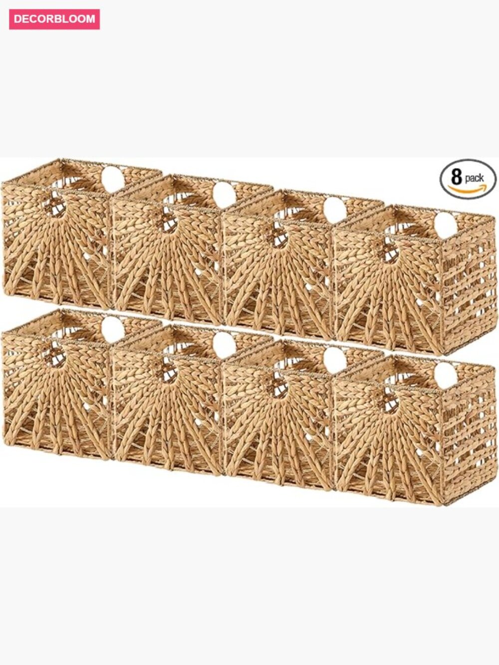 Set of 8 Handwoven Water Hyacinth Storage Baskets with Handles